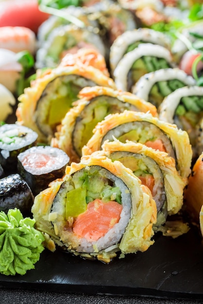 Delicious and healthy sushi set served with soy sauce