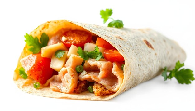 Photo delicious and healthy tortilla wrap with ham vegetables and cheese isolated with white highlights