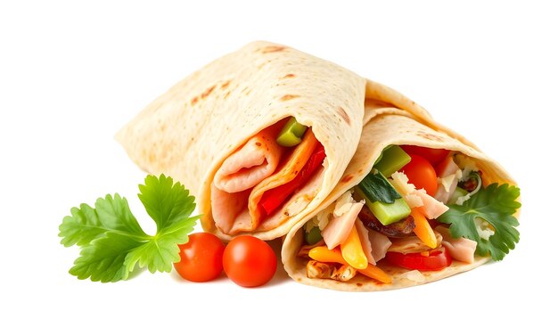 Photo delicious and healthy tortilla wrap with ham vegetables and cheese isolated with white highlights