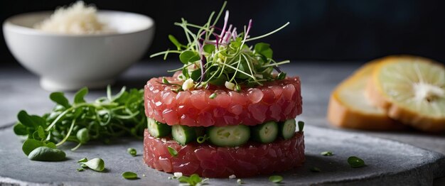 Photo a delicious and healthy tuna tartare with cucumber and microgreens