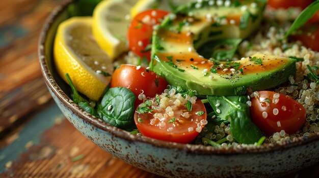 Delicious and healthy vegan quinoa salad topped with avocado to