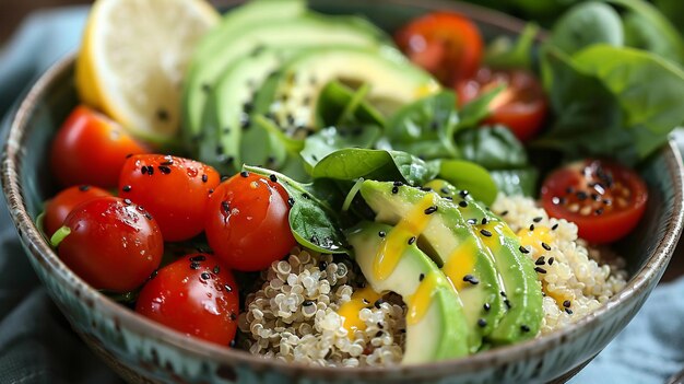 Delicious and healthy vegan quinoa salad topped with avocado to