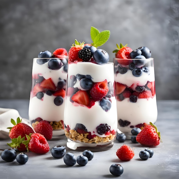 Delicious and healthy yogurt parfait made with Greek yogurt fresh berries and mint Extreme shallow