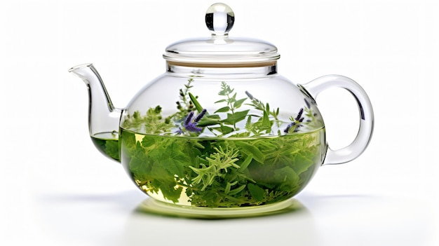 Photo delicious herbs tea pot on white background