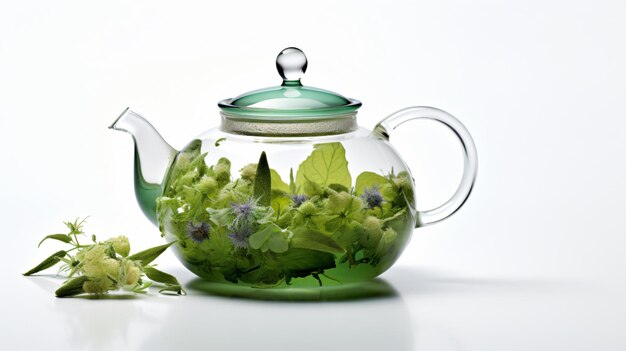 Photo delicious herbs tea pot on white background