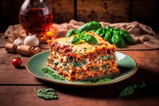 Delicious home made lasagna with beef sauce spinach and tomato over a rustic wooden background home cooked Italian food