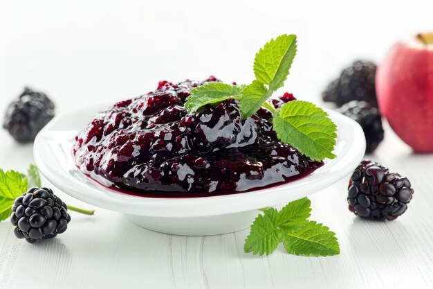 Delicious homemade blackberry jam served in a bowl garnished with fresh mint leaves and accompanied by blackberries and an apple