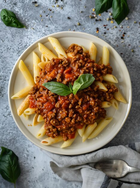 Photo delicious homemade bolognese pasta with basil