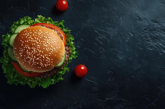 Delicious homemade burger with beef and toppings on dark background