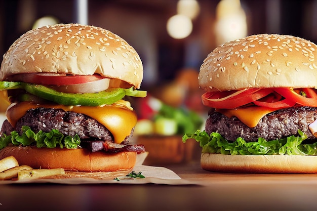 Delicious homemade burgers of beef cheese and vegetables