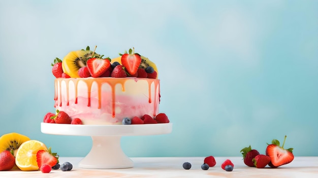 Delicious homemade cake with fresh berries and mascarpone cream on gray background Generative AI