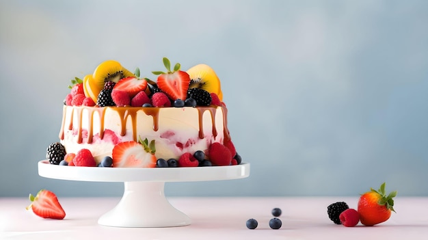 Delicious homemade cake with fresh berries and mascarpone cream on gray background Generative AI