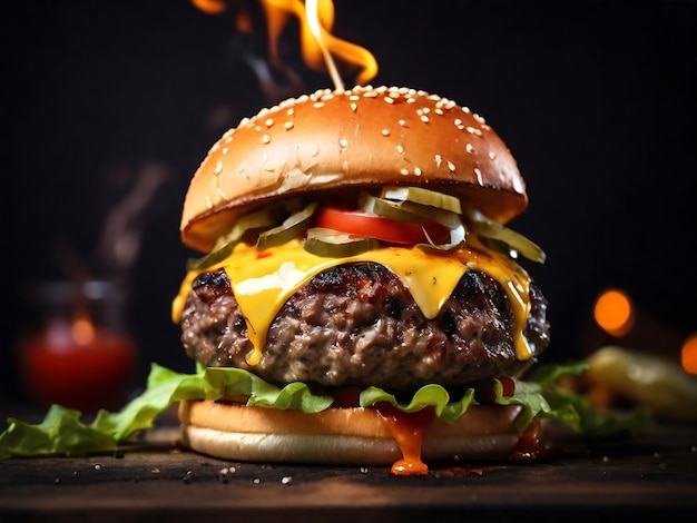 Delicious homemade cheeseburger or hamburger on wooden tray with coke and fires white background