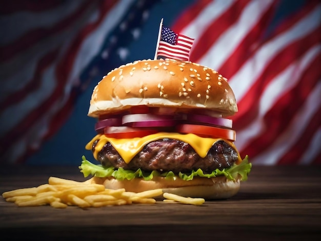 Delicious homemade cheeseburger or hamburger on wooden tray with coke and fires white background