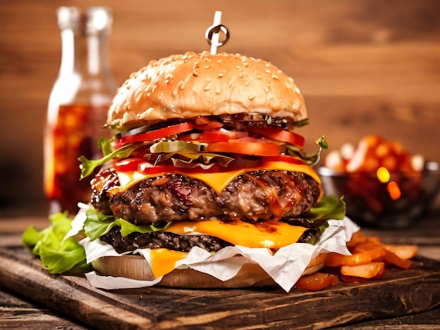 Delicious homemade cheeseburger or hamburger on wooden tray with coke and fires white background