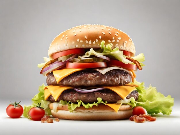 Delicious homemade cheeseburger or hamburger on wooden tray with coke and fires white background