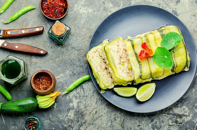 Delicious homemade chicken and zucchini meat terrine.French cuisine