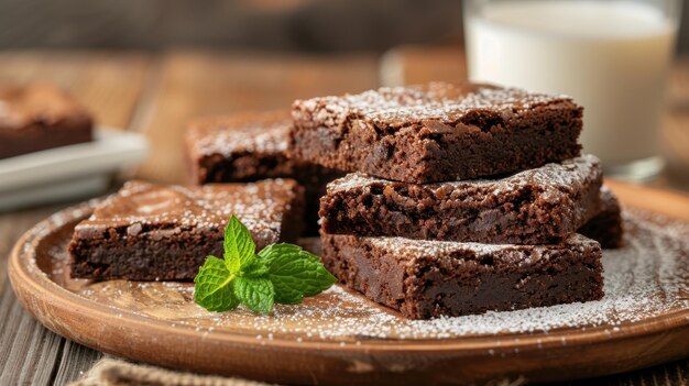 Delicious homemade chocolate brownies on a wooden plate