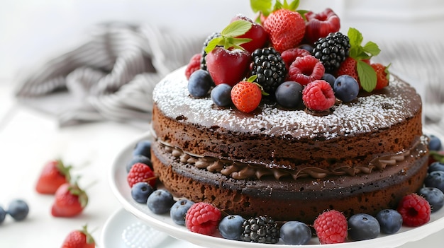 Delicious Homemade Chocolate Cake Garnished with Ripe Fresh Berries for Dessert Delight Stock Photo