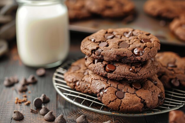 Delicious homemade chocolate cookies paired with cold refreshing fresh milk for a perfect snack