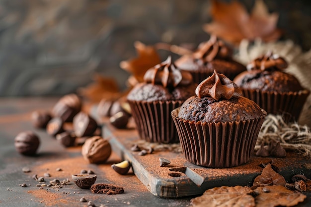 Delicious homemade chocolate muffins on vintage background captured in high quality image