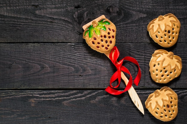 Delicious homemade cookies in shape of strawberries