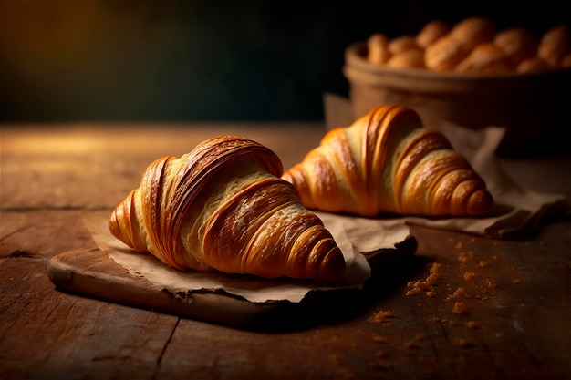 Delicious homemade croissants on rustic wooden kitchen table AI generated