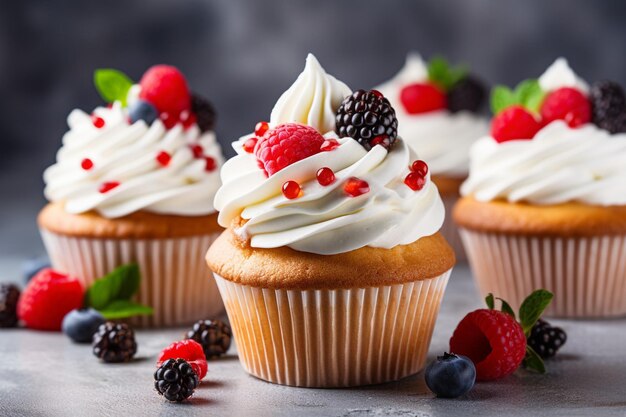 Delicious homemade cupcakes with colorful cream and topping with candy and chocolate cookies