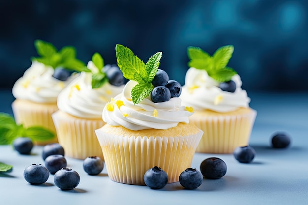 Delicious homemade dessert with cream cheese frosting fresh blueberries and green leaves Festive bak