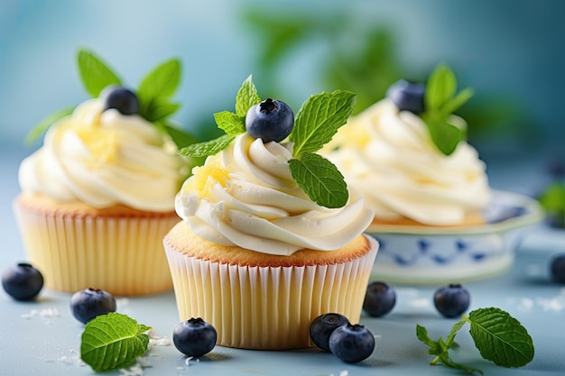 Delicious homemade dessert with cream cheese frosting fresh blueberries and green leaves Festive bak