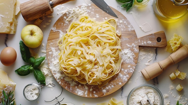 Photo delicious homemade fettuccine prepared with fresh ingredients on a rustic wooden cutting board