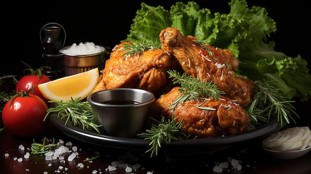 Delicious Homemade Fried Chicken Dinner Golden Crispy Perfection on Black Background