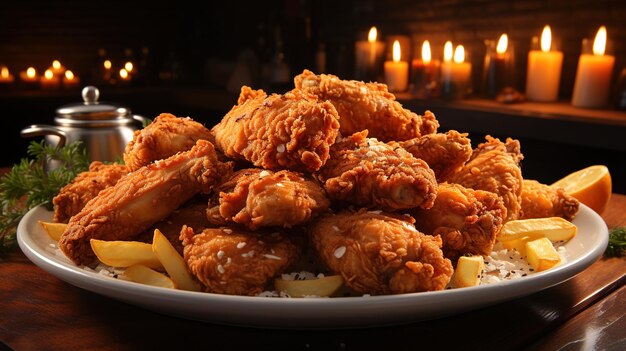 Delicious Homemade Fried Chicken Dinner Golden Crispy Perfection on Black Background