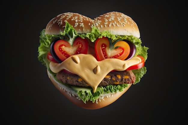 Delicious homemade heart shaped burger with flowing cheese and vegetables isolated on black background