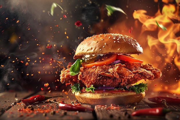 Delicious homemade Hot spicy 3d Burger illustration for advertisement