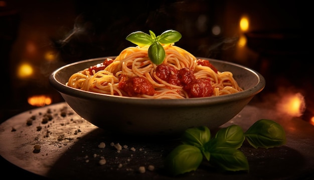 A delicious homemade Italian pasta meal with fresh tomato sauce generated by artificial intelligence