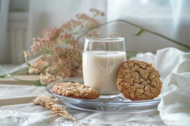 Delicious homemade oatmeal cookies served with a refreshing glass of milk