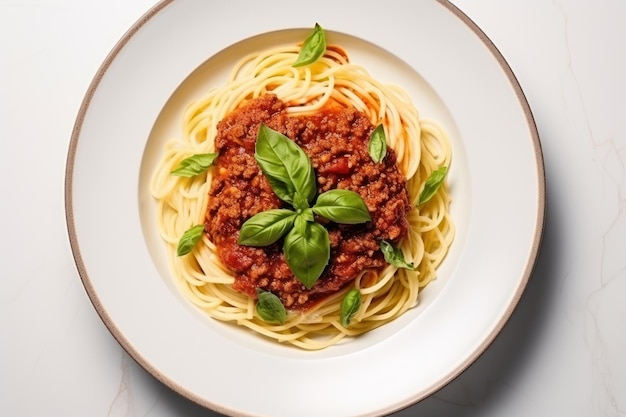 Delicious Homemade Pasta with Bolognese Sauce and Fresh Basil Leaves AI Generated