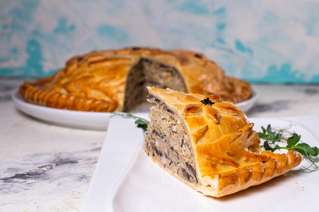 Delicious homemade pie with minced meat and potatoes on a white plate