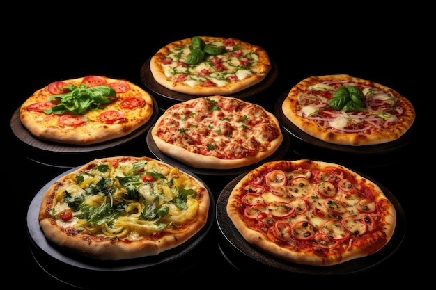 Delicious homemade pizzas displayed on black background