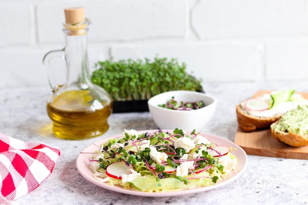 Delicious homemade salad of cabbage cucumbers radishes cream cheese microgreens on a kitchen table