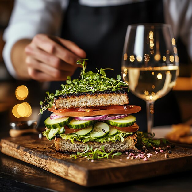 Photo delicious homemade sandwich with fresh ingredients and white wine