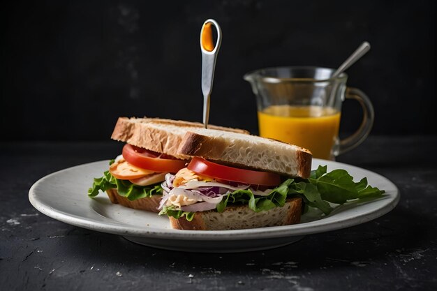 Photo delicious homemade sandwiches on a white plate on black distressed surface with free space