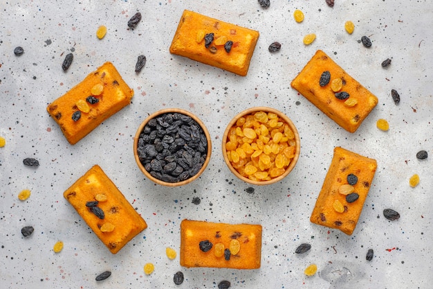 Delicious homemade small fruit cakes,raisin cakes,top view