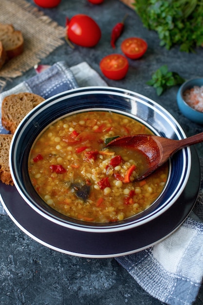 Delicious homemade soup from organic red lentil vegetables basil garlic and piece of black bread