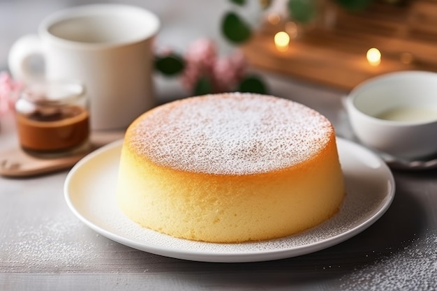 Delicious homemade sponge or chiffon cake with eggs flour and milk served on a white plate amidst a