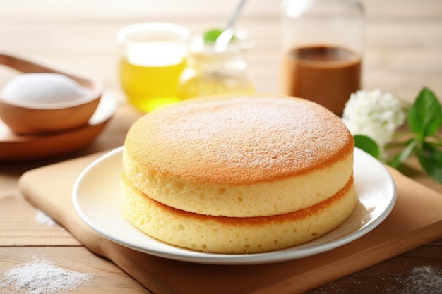 Delicious homemade sponge or chiffon cake with eggs flour and milk served on a white plate amidst a