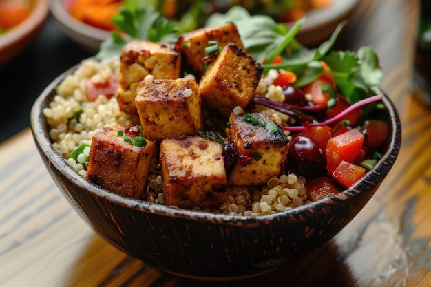 Delicious Homemade Tofu Quinoa Bowl with Cooked Brown Cereal and Couscous Topped with Cranberries