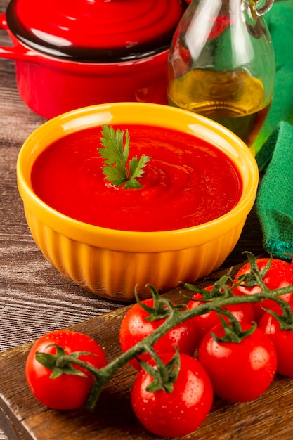 Delicious homemade tomato soup in bowl.