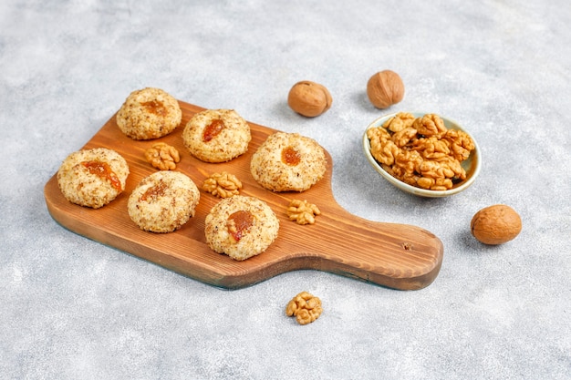 Delicious homemade walnut and jam cookies.